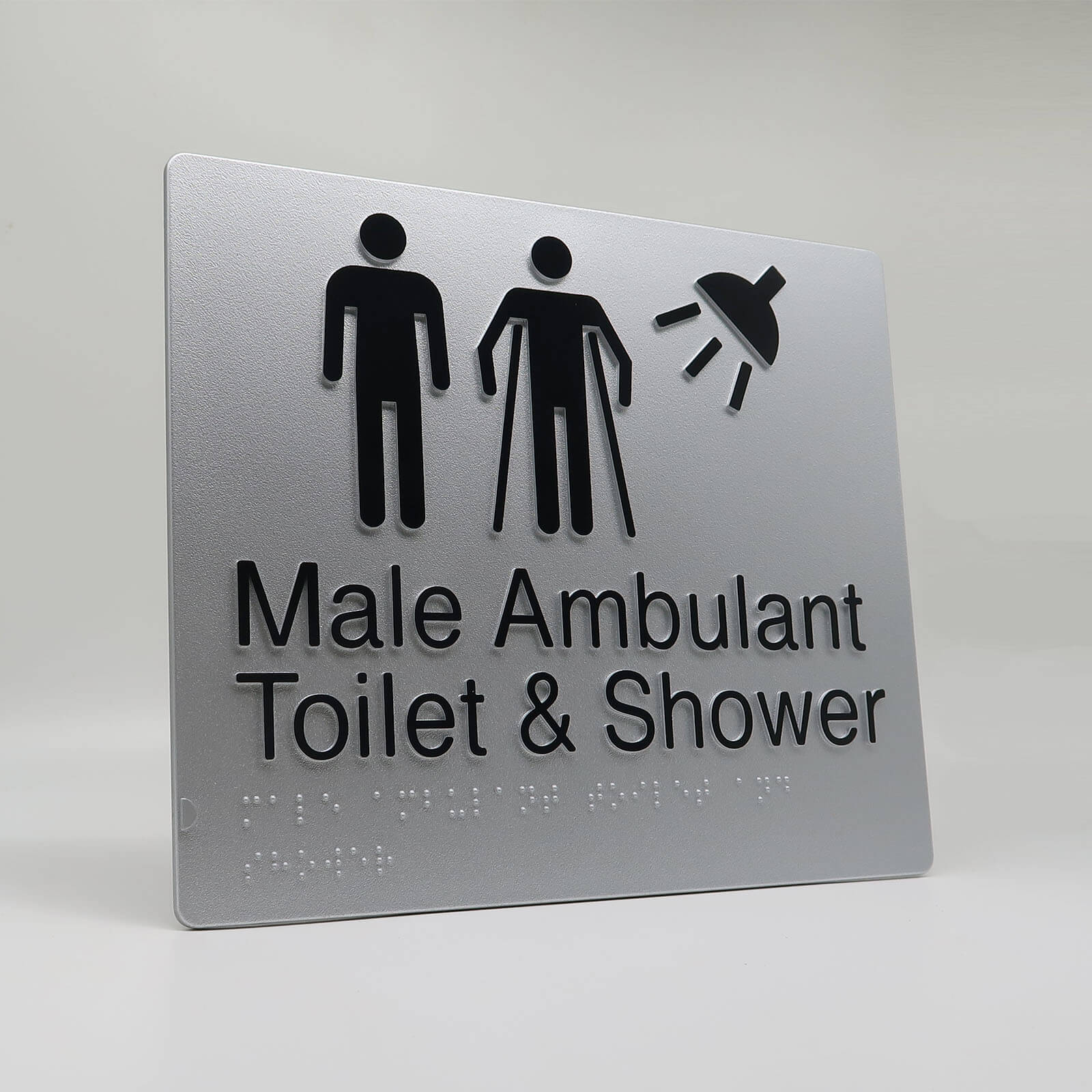 Male Ambulant Toilet & Shower Braille Sign-silver